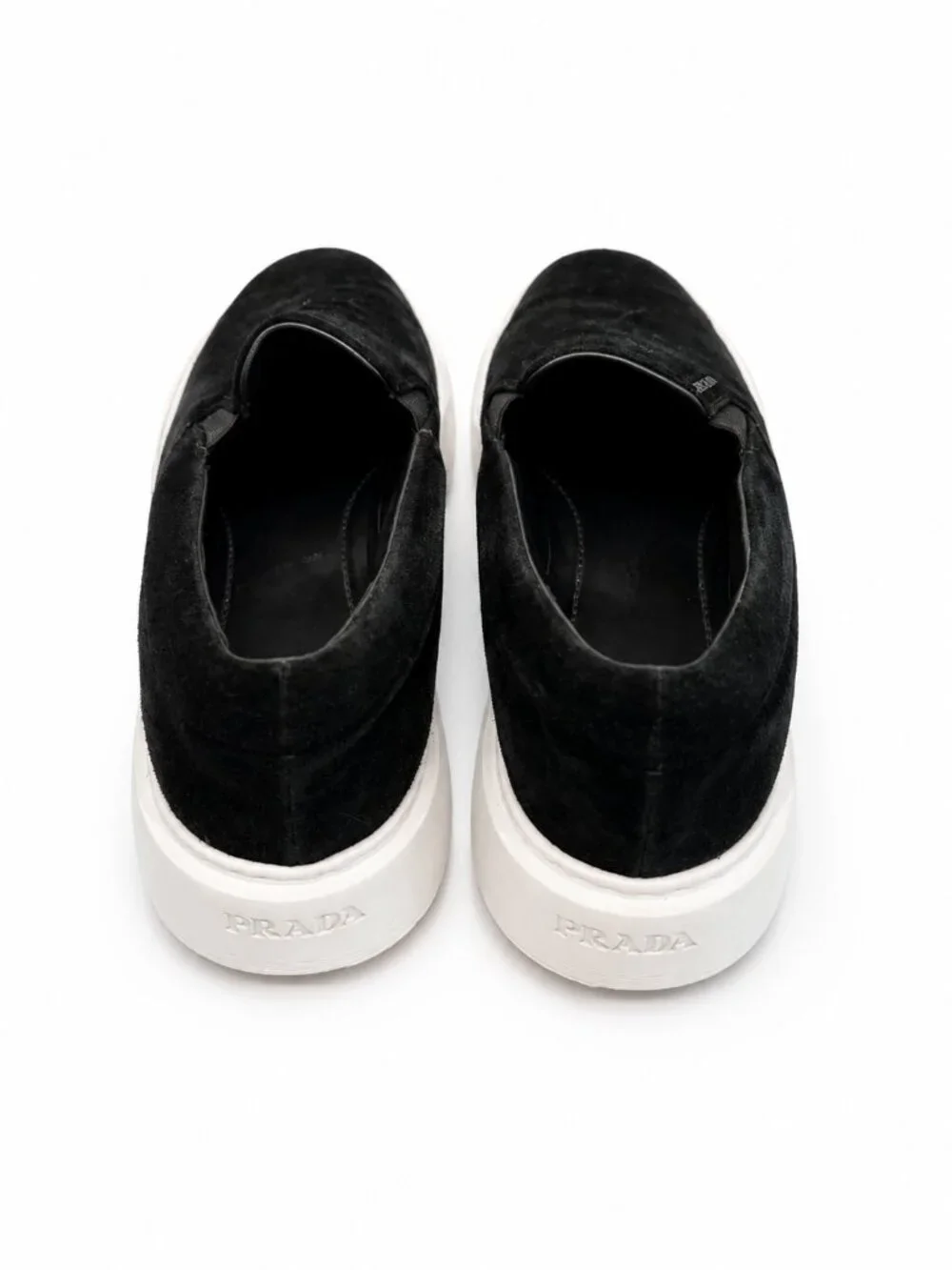 Prada Black Suede Platform Slip-On Sneakers EU 40 White Sole Designer Shoes
